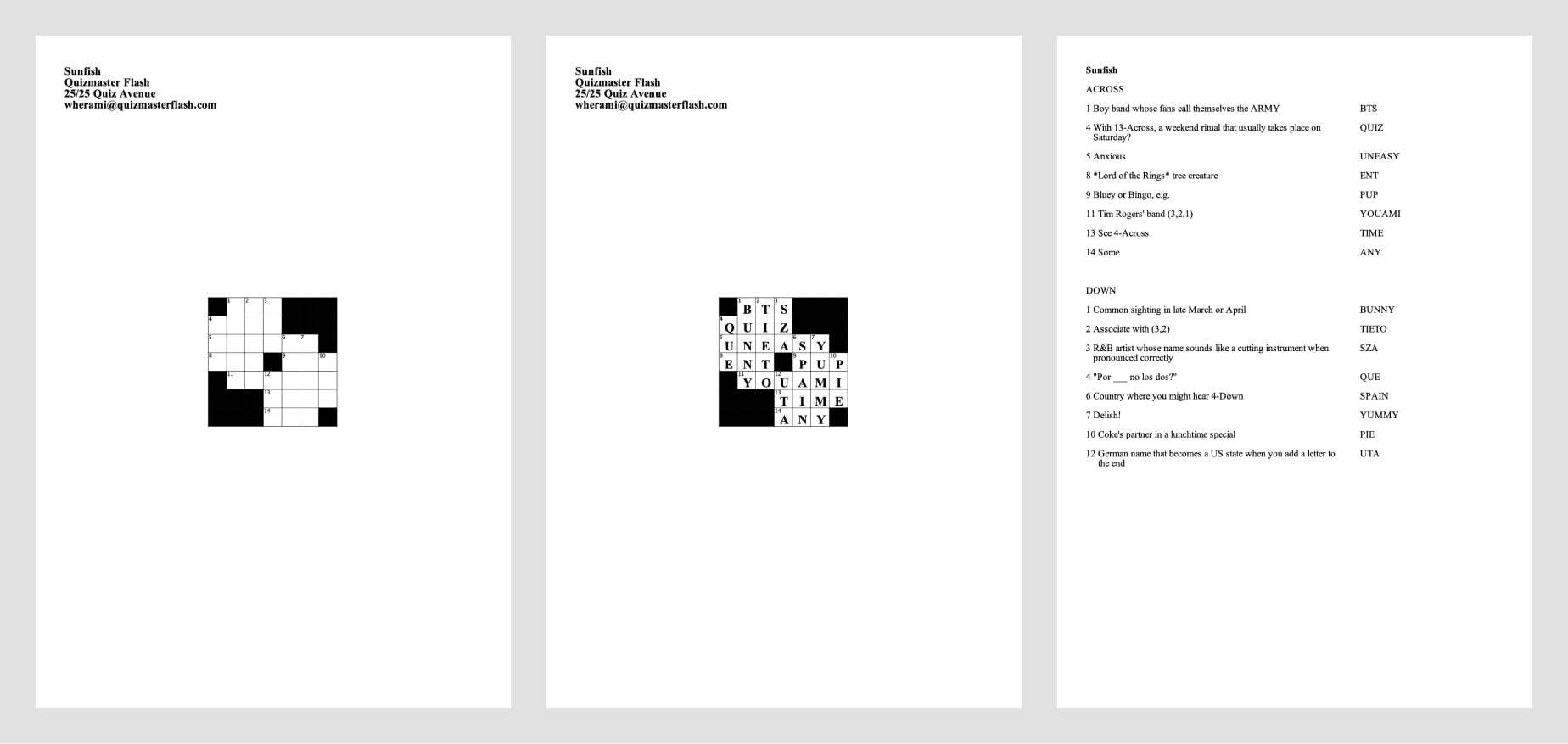 Preview of an example crossword submission PDF, showing the blank grid, filled grid, and clue answers