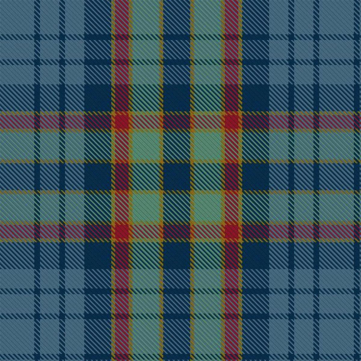 Checked in three or more colours, like the kilts of Scotsmen displaying their family identity. (T)